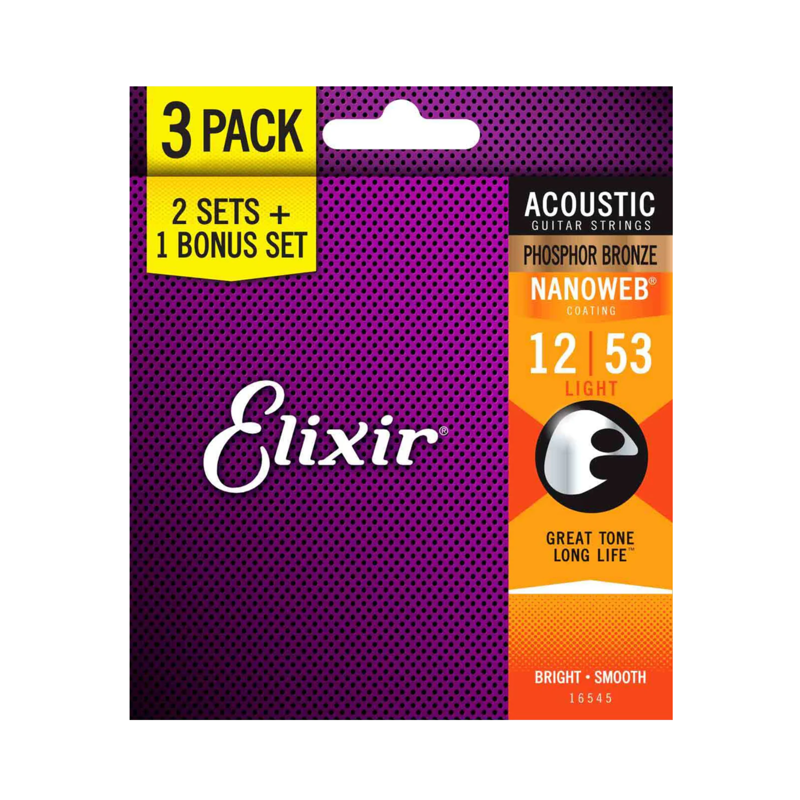 Elixir 16545 | 12-53 P/Bronze Acoustic Guitar Strings (3-Pack)